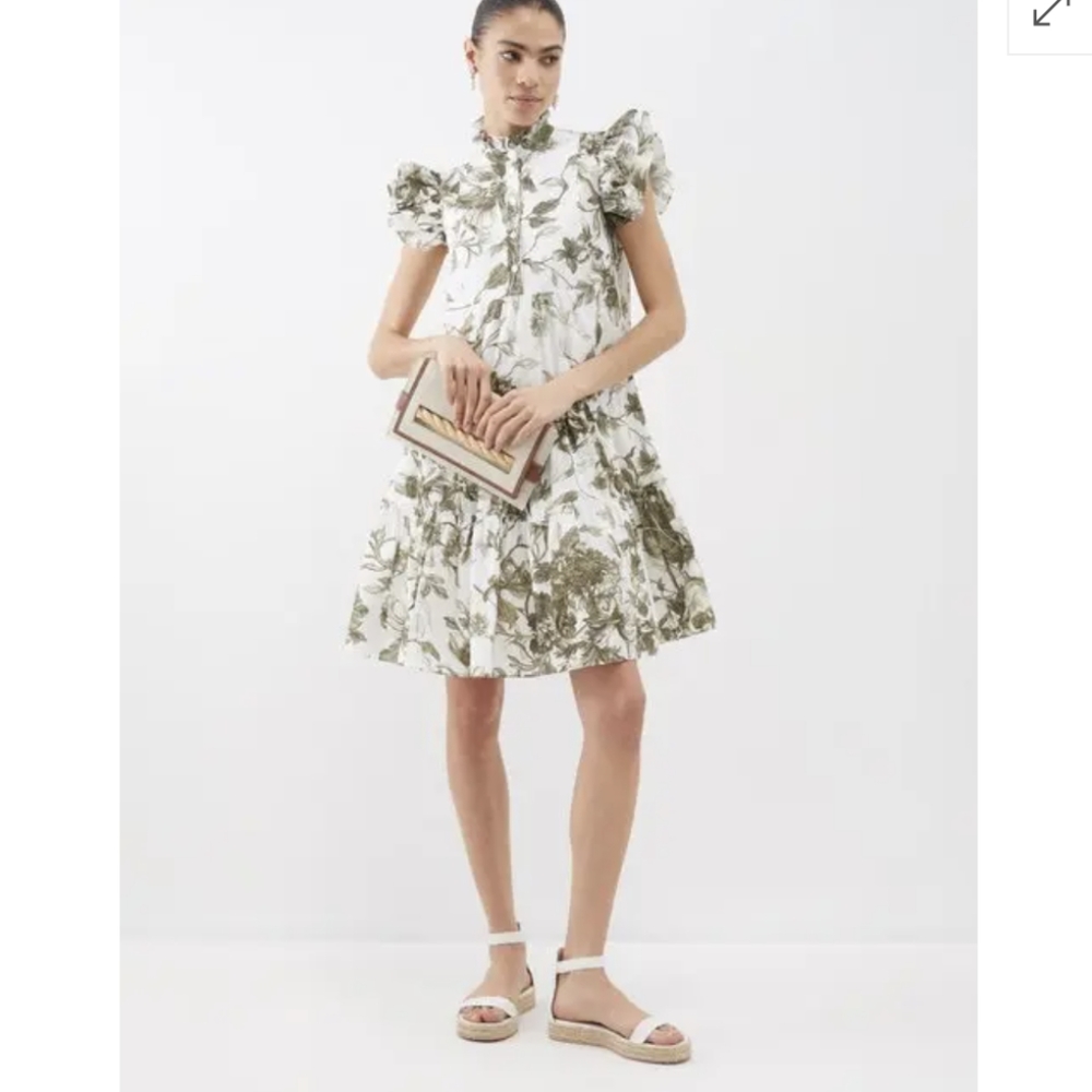 ERDEM White Dress with Olive Green Botanical Print